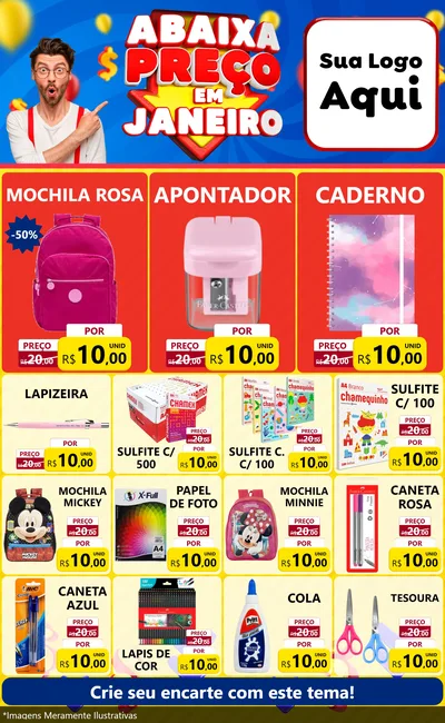 Modelo de Encarte para Encarte Grande com o tema Abaixa Preço em Janeiro para Papelaria