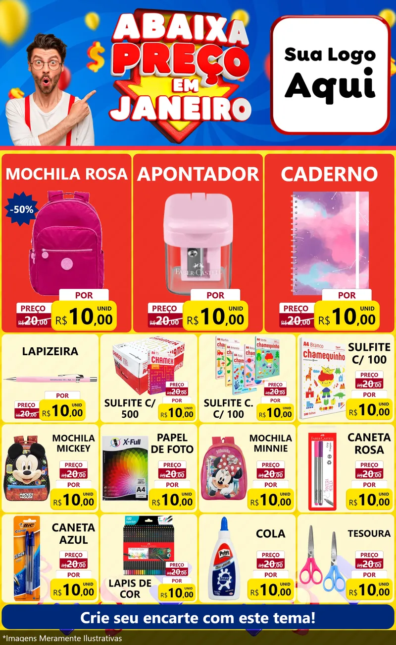 Modelo de Encarte para Encarte Grande com o tema Abaixa Preço em Janeiro para Papelaria