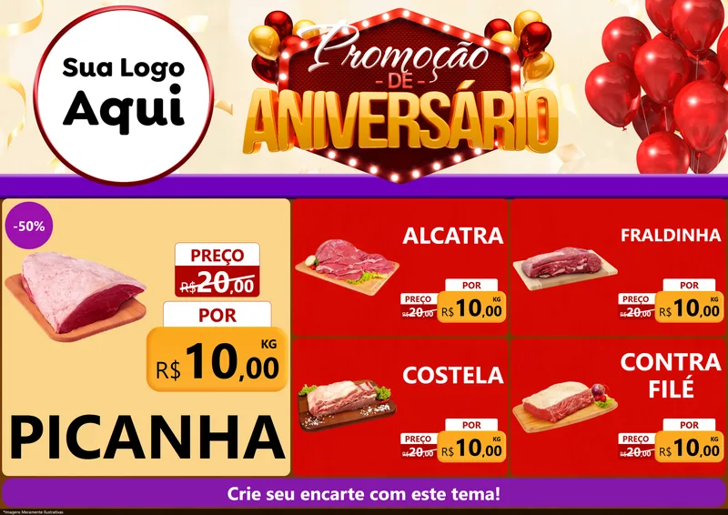 Modelo de Encarte para Encarte A4 Horizontal com o tema Promoção de Aniversário para Açougue