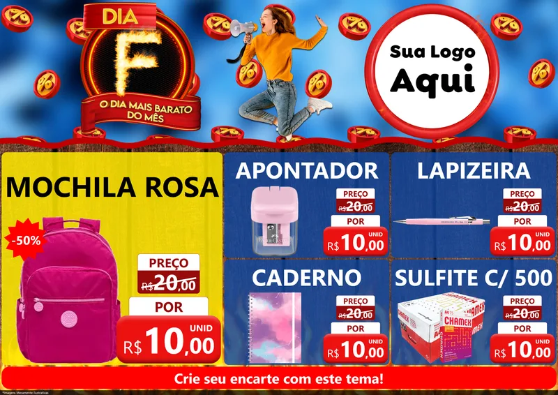Modelo de Encarte para Encarte A4 Horizontal com o tema Dia F - O Dia Mais Barato Do Mês para Papelaria