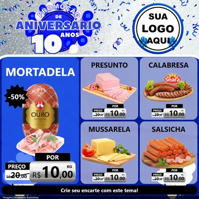 Modelo de Rede Social para Feed Facebook com o tema Promoção de Aniversário - 10 Anos para Frios e Laticínios