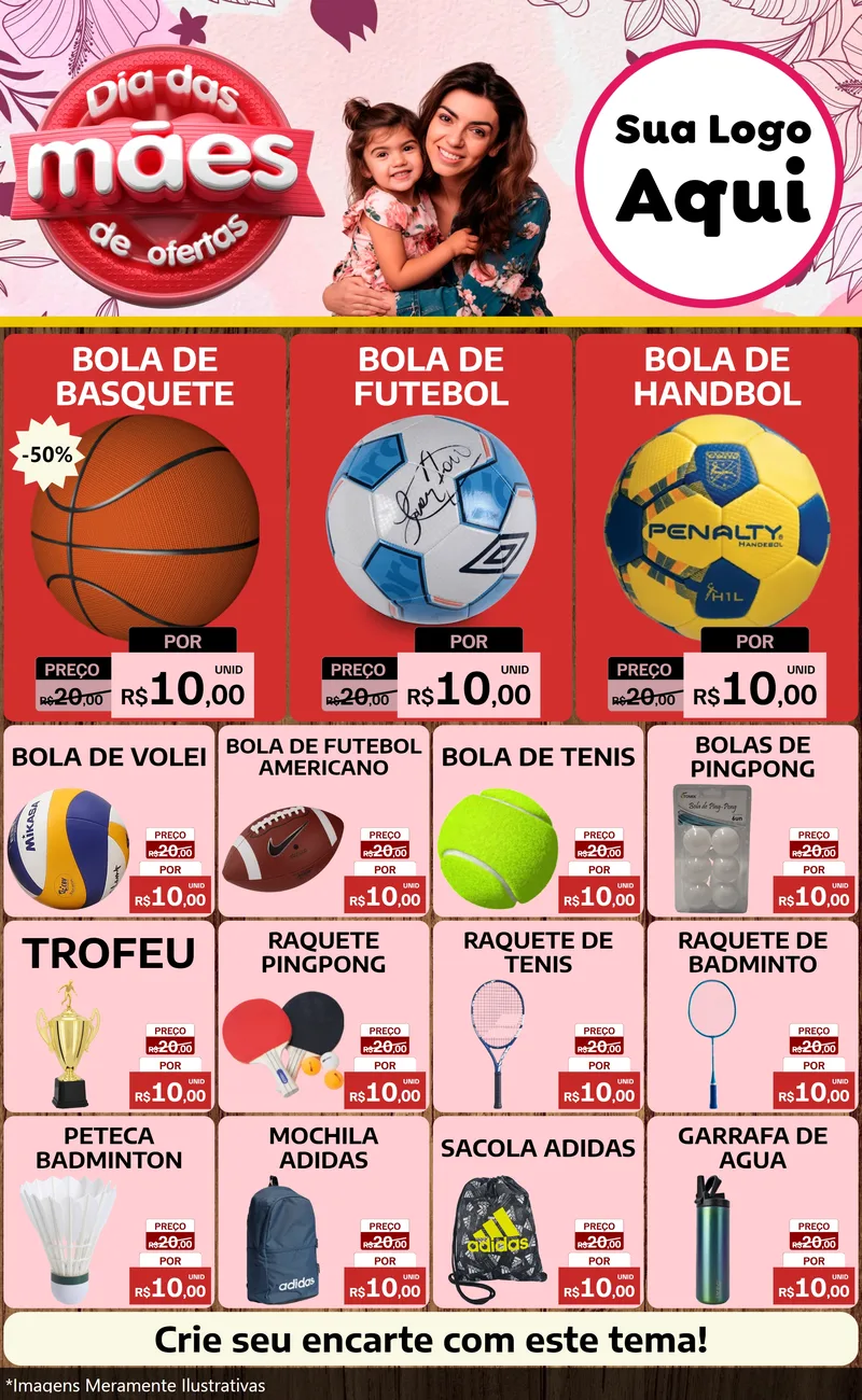 Modelo de Encarte para Encarte Grande com o tema Dia Das Mães De Ofertas para Artigos Esportivos
