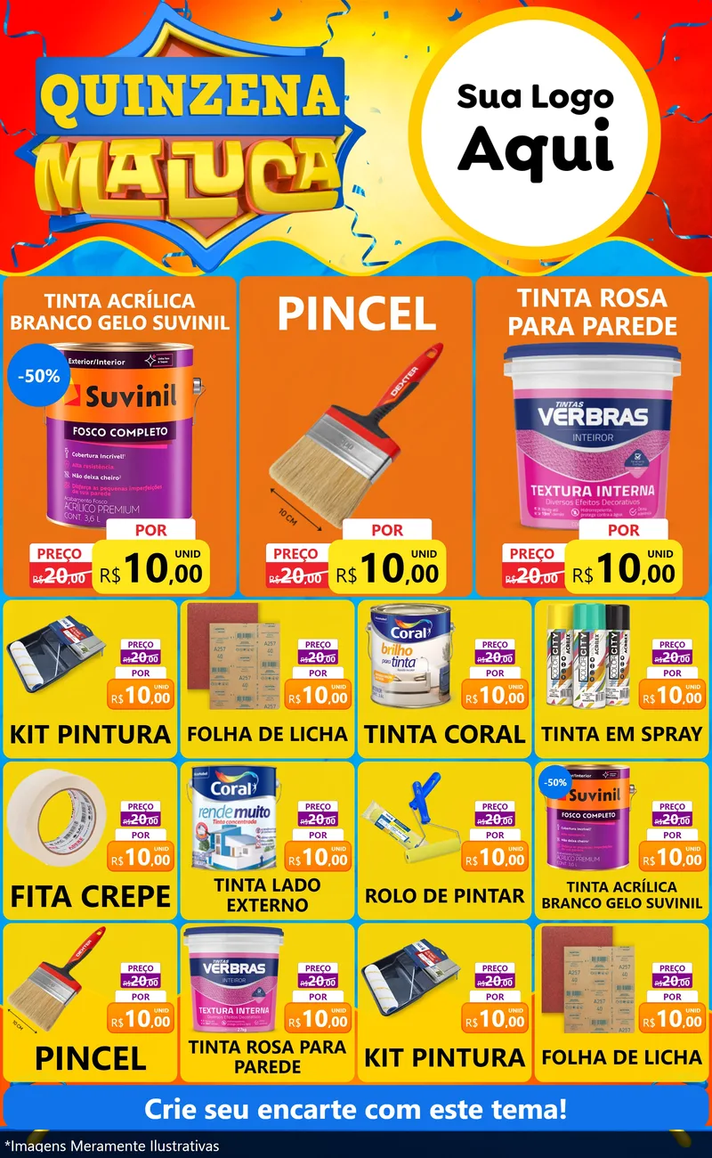 Modelo de Encarte para Encarte Grande com o tema Quinzena Maluca para Tintas e Ferramentas