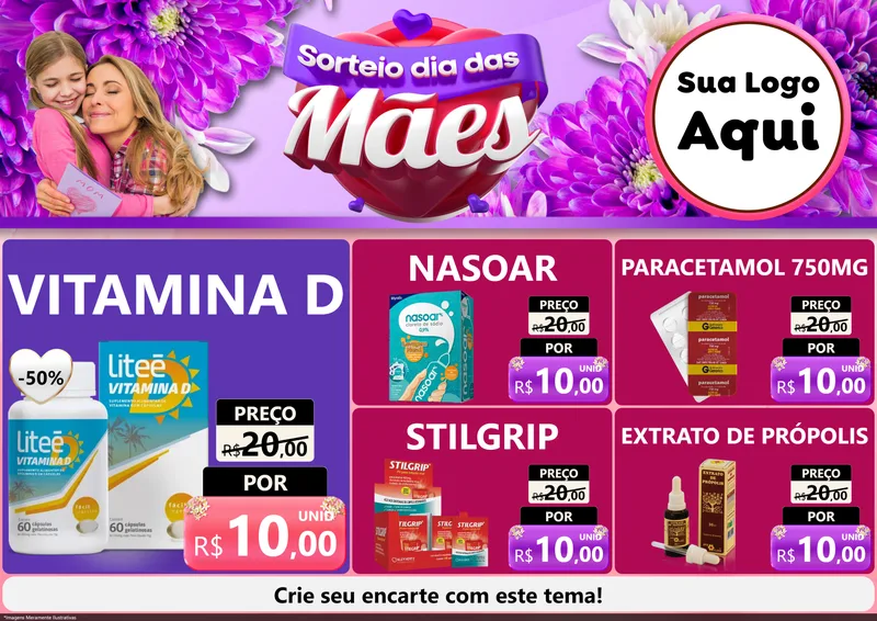 Modelo de Encarte para Encarte A4 Horizontal com o tema Sorteio Dia das Mães para Farmácia
