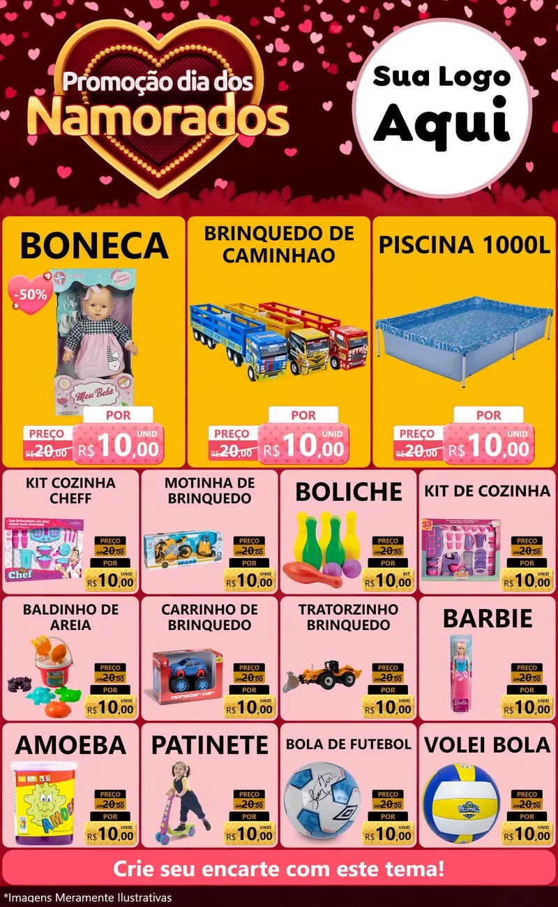 Modelo de Encarte para Encarte Grande com o tema Promoção Dia Dos Namorados para Brinquedos