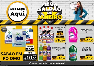 Modelo de Encarte para Encarte A4 Horizontal com o tema Mega Saldão de Janeiro para Produtos de Limpeza
