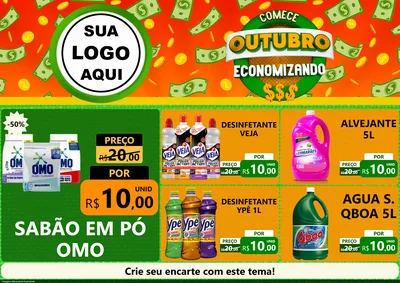 Modelo de Encarte para Encarte A4 Horizontal com o tema Comece Outubro Economizando para Produtos de Limpeza