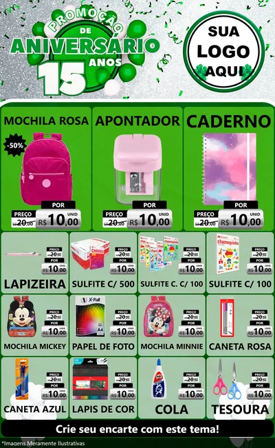 Modelo de Encarte para Encarte Grande com o tema Promoção de Aniversário - 15 Anos para Papelaria