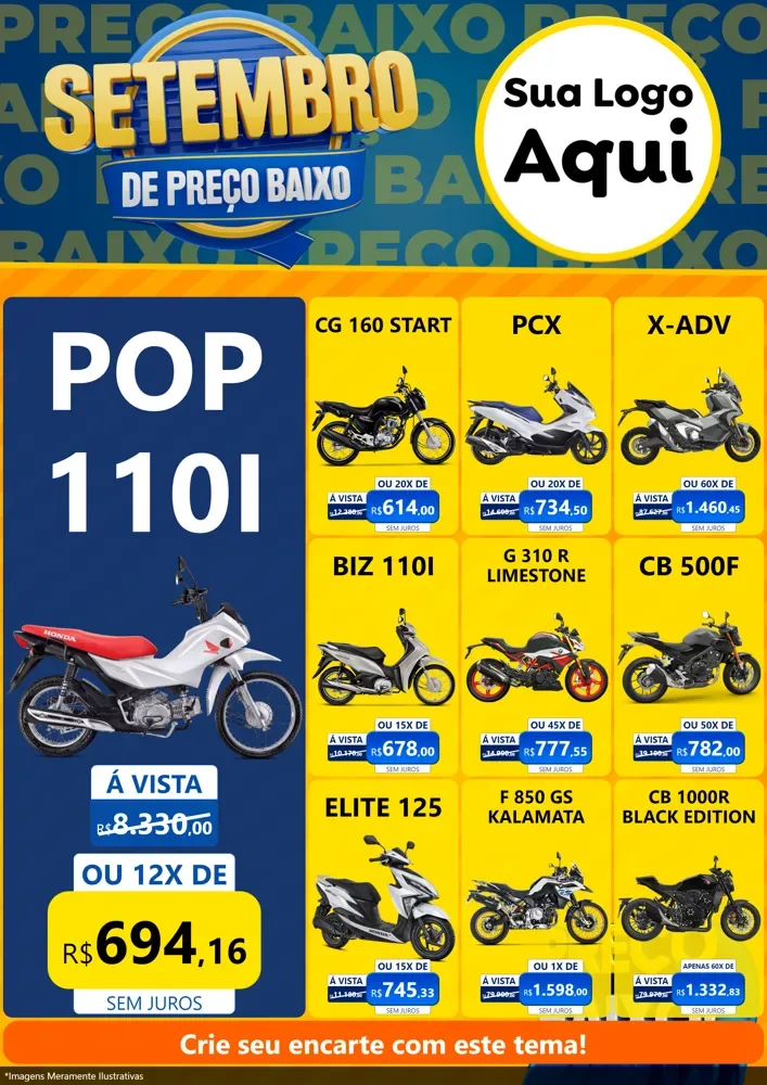 Modelo de Encarte para Encarte A4 Vertical com o tema Setembro De Preço Baixo para Concessionaria de Motos