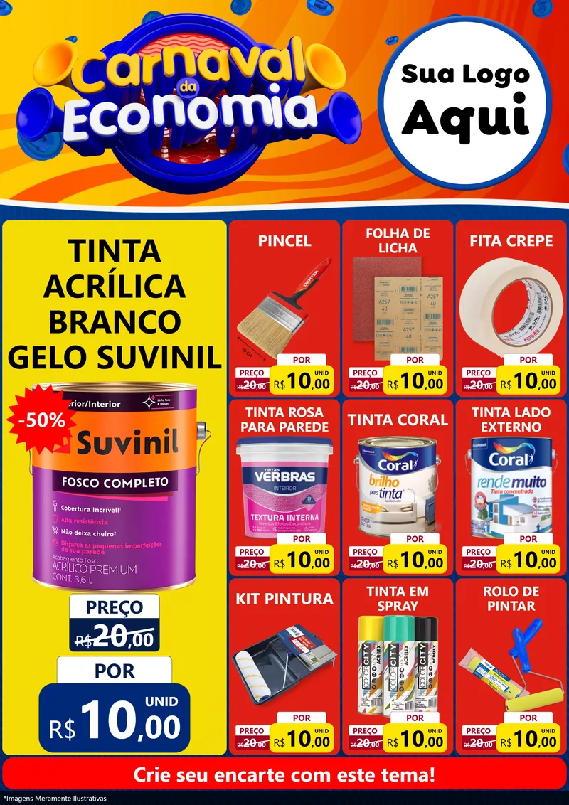 Modelo de Encarte para Encarte A4 Vertical com o tema Carnaval da Economia para Tintas e Ferramentas