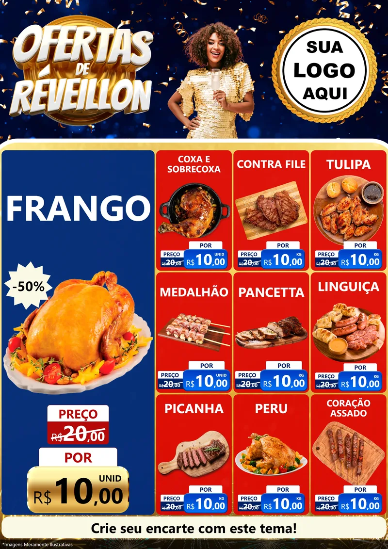 Modelo de Encarte para Encarte A4 Vertical com o tema Ofertas de Réveillon para Assados