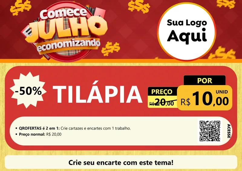 Modelo de Cartaz para Cartaz A4 Horizontal com o tema Comece Julho Economizando para Peixaria