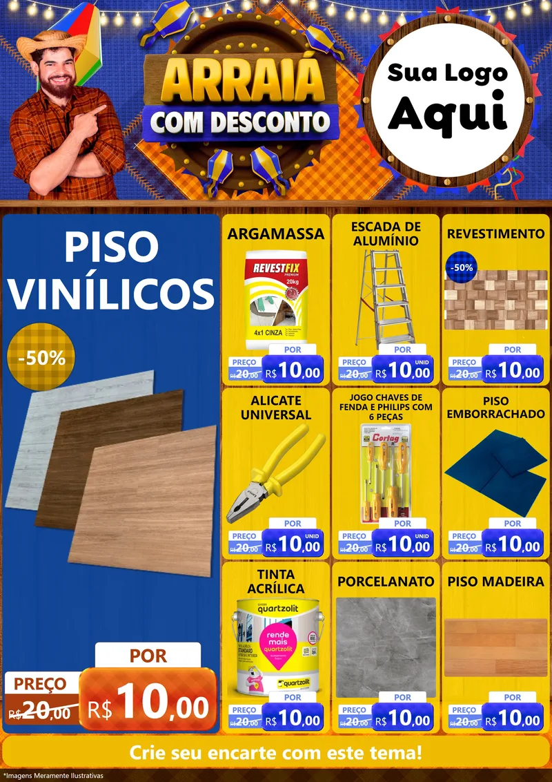 Modelo de Encarte para Encarte A4 Vertical com o tema Arraiá Com Desconto para Material para Construção