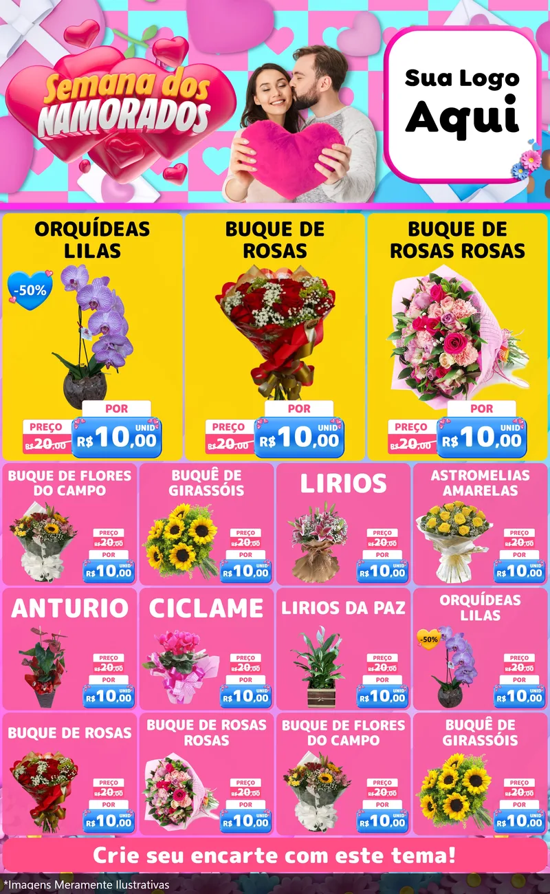 Modelo de Encarte para Encarte Grande com o tema Semana dos Namorados para Floricultura e jardim