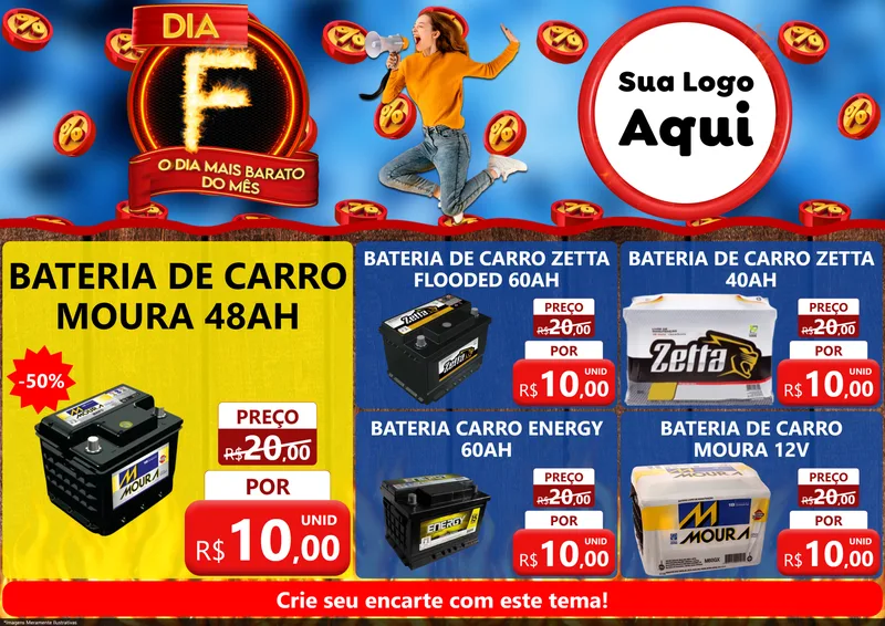 Modelo de Encarte para Encarte A4 Horizontal com o tema Dia F - O Dia Mais Barato Do Mês para Baterias Elétricas