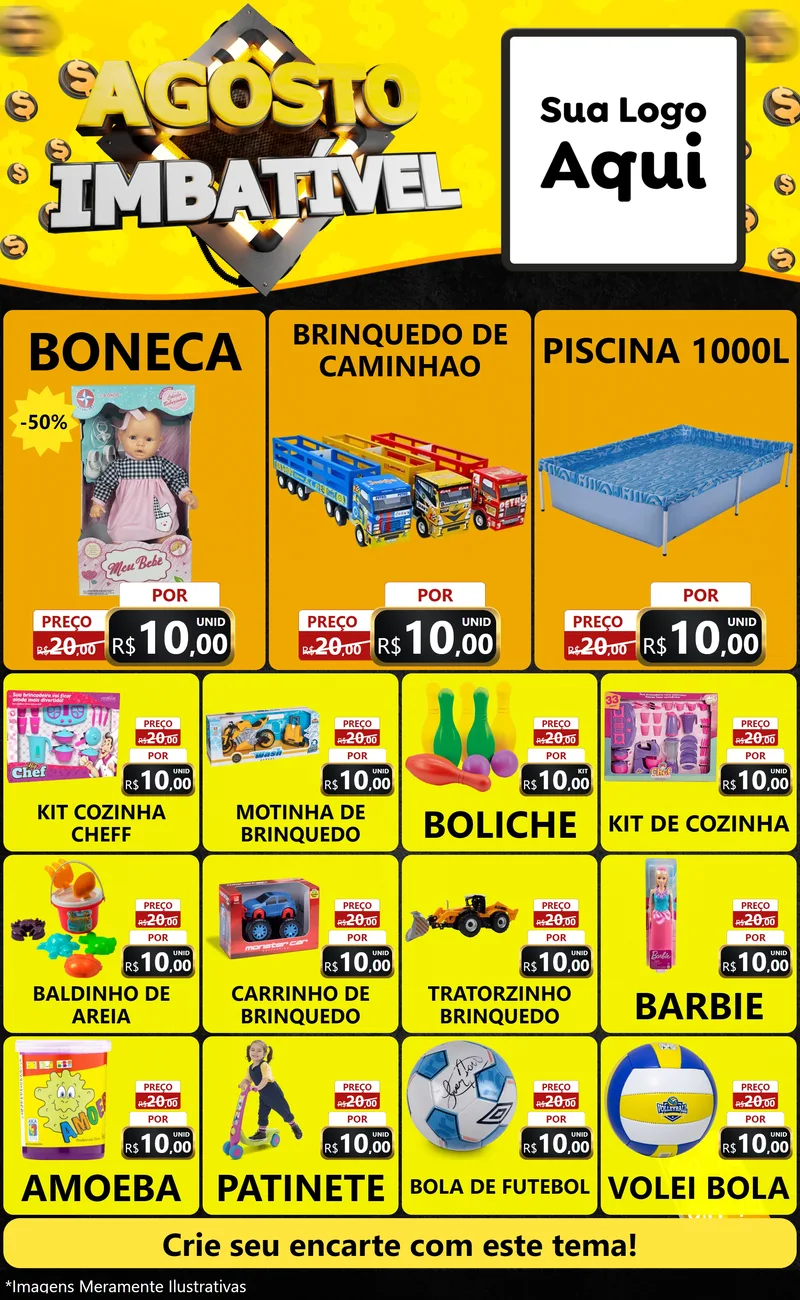 Modelo de Encarte para Encarte Grande com o tema Agosto Imbatível para Brinquedos
