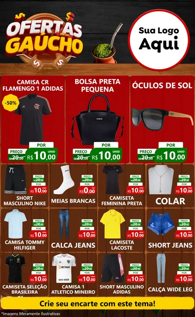 Modelo de Encarte para Encarte Grande com o tema Ofertas Dia do Gaúcho para Roupas e acessórios
