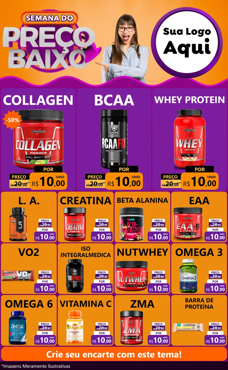 Modelo de Encarte para Encarte Grande com o tema Semana do Preço Baixo para Suplementos alimentares