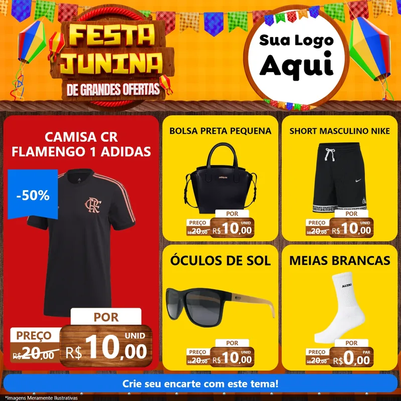 Modelo de Rede Social para Feed Facebook com o tema Festa Junina de Grandes Ofertas para Roupas e acessórios