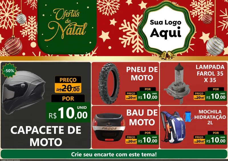 Modelo de Encarte para Encarte A4 Horizontal com o tema Natal de Ofertas para Moto peças