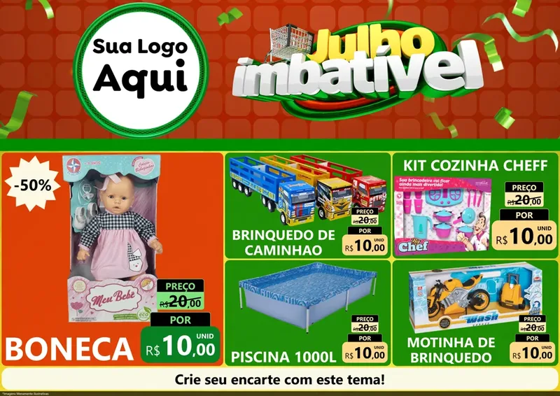 Modelo de Encarte para Encarte A4 Horizontal com o tema Julho Imbatível para Brinquedos