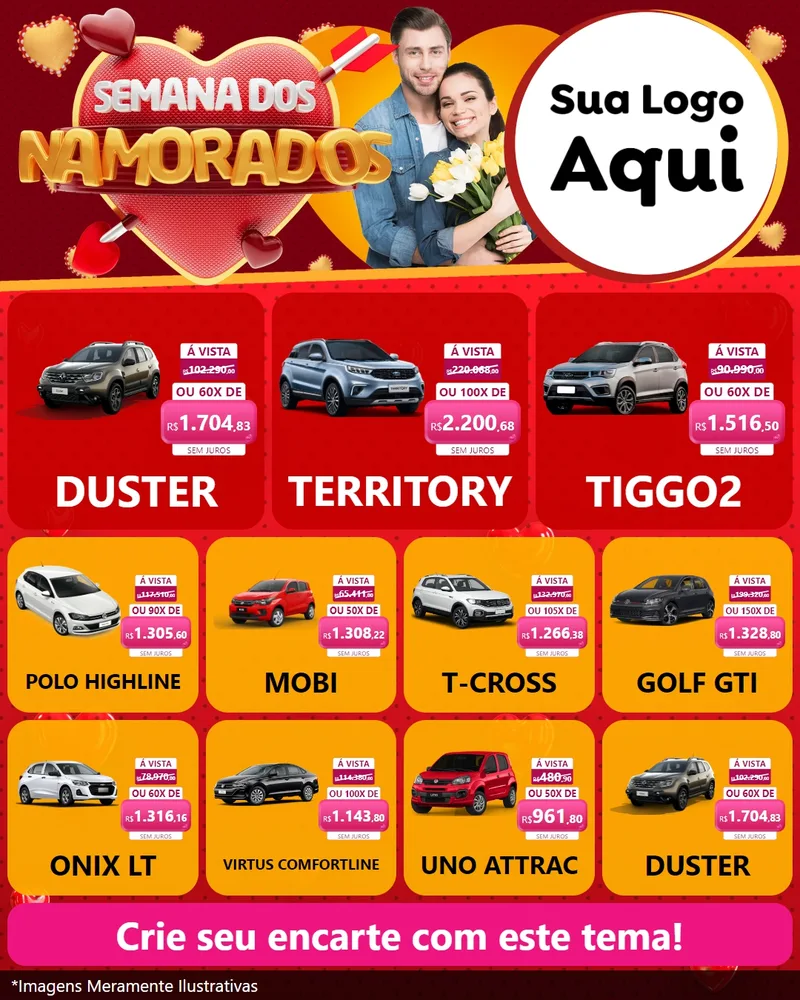 Modelo de Rede Social para Feed Instagram com o tema Semana dos Namorados para Concessionaria de Carros