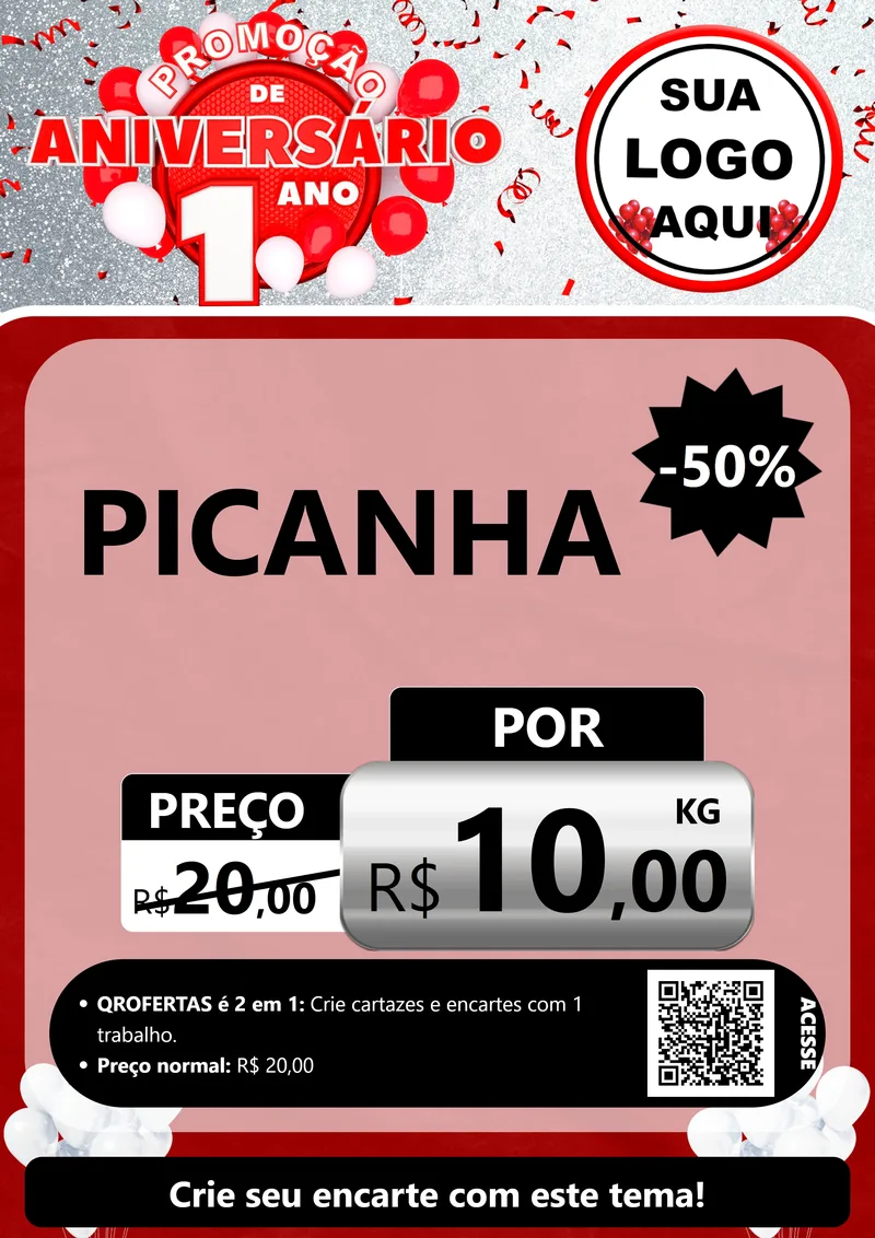 Modelo de Cartaz para Cartaz A4 Vertical com o tema Promoção de Aniversário - 1 Ano para Açougue