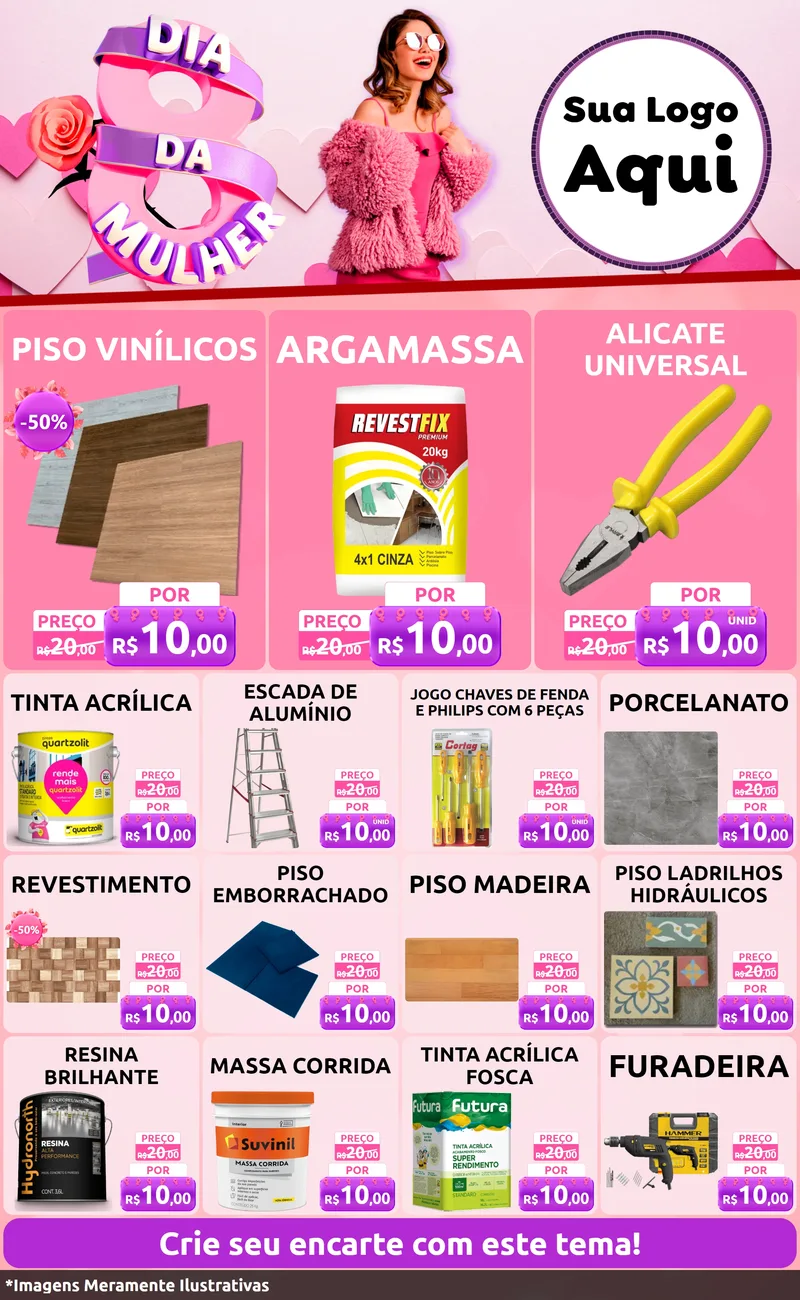 Modelo de Encarte para Encarte Grande com o tema Dia da Mulher para Material para Construção