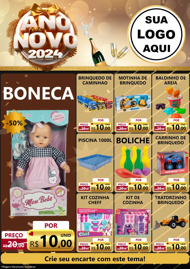 Modelo de Encarte para Encarte A4 Vertical com o tema Feliz Ano Novo 2027 para Brinquedos
