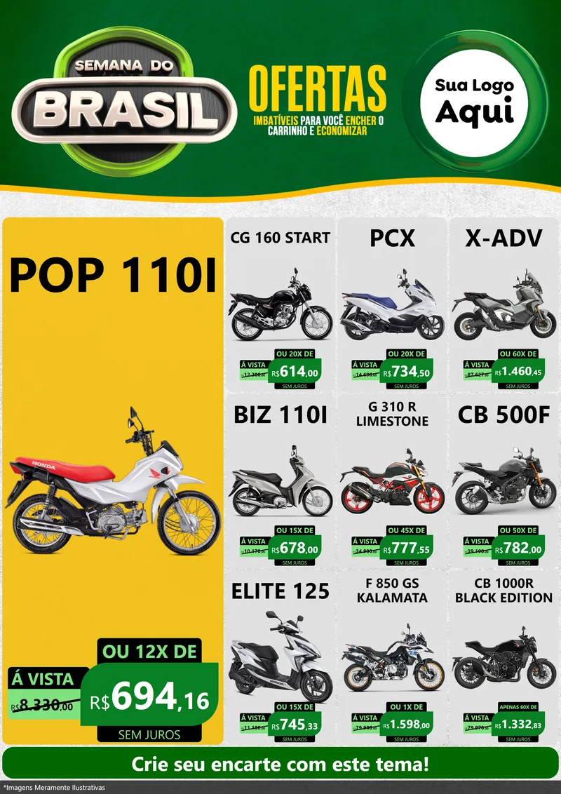 Modelo de Encarte para Encarte A4 Vertical com o tema Semana do Brasil para Concessionaria de Motos