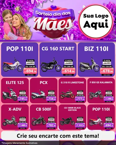 Modelo de Rede Social para Feed Instagram com o tema Sorteio Dia das Mães para Concessionaria de Motos