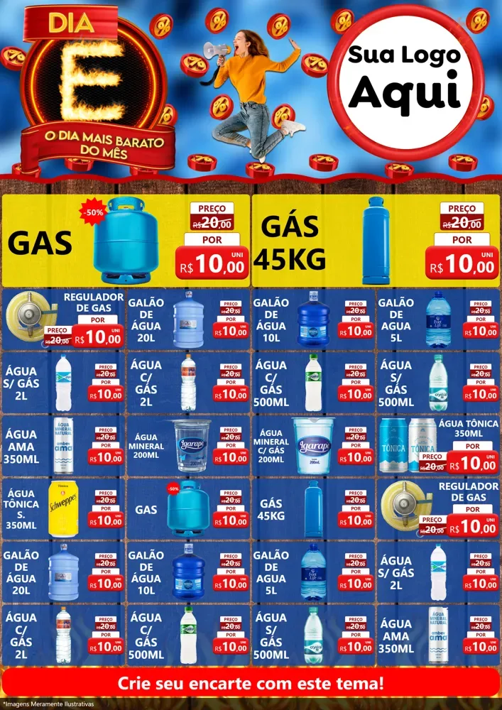 Modelo de Encarte para Encarte A4 Vertical com o tema Dia E - O Dia Mais Barato Do Mês para Água e gás