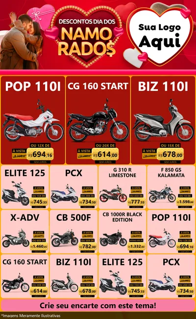 Modelo de Encarte para Encarte Grande com o tema Descontos Dia dos Namorados para Concessionaria de Motos