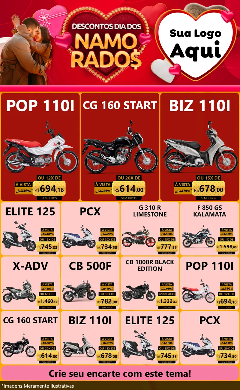 Modelo de Encarte para Encarte Grande com o tema Descontos Dia dos Namorados para Concessionaria de Motos