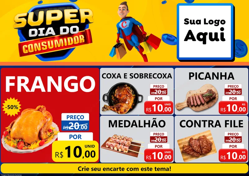 Modelo de Encarte para Encarte A4 Horizontal com o tema Super Dia do Consumidor para Assados