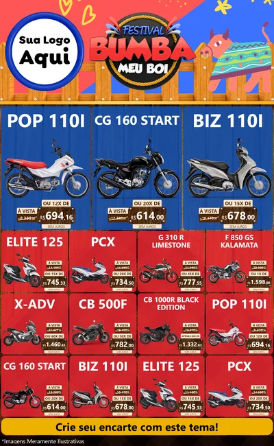 Modelo de Encarte para Encarte Grande com o tema Festival Bumba Meu Boi para Concessionaria de Motos
