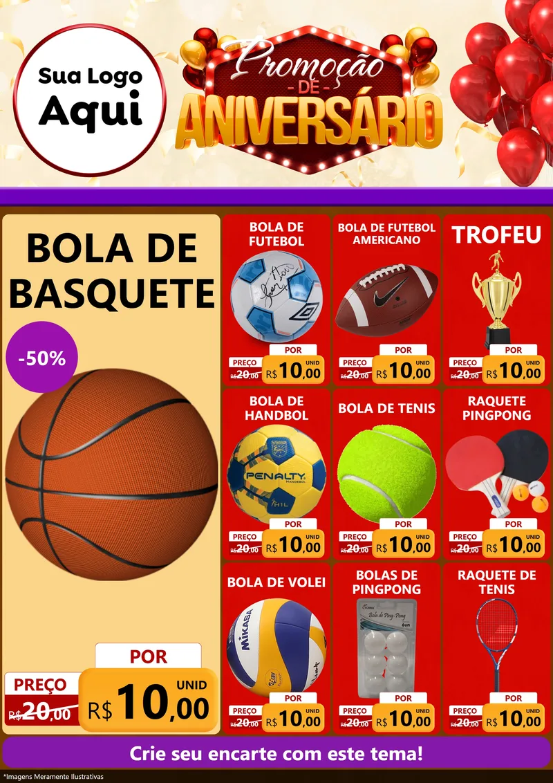 Modelo de Encarte para Encarte A4 Vertical com o tema Promoção de Aniversário para Artigos Esportivos