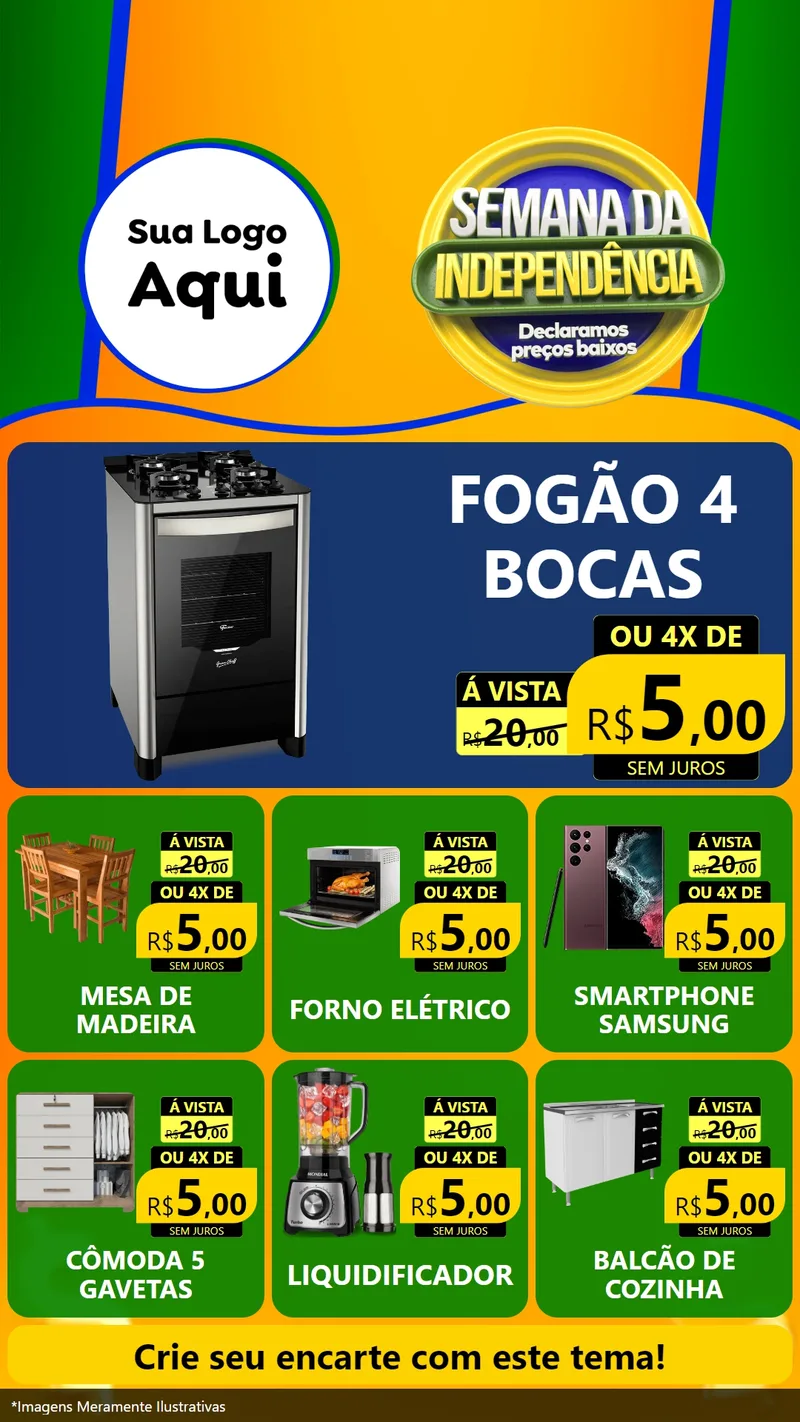 Modelo de Rede Social para Stories com o tema Semana da Independência Declaramos Preços Baixos para Móveis e Eletro