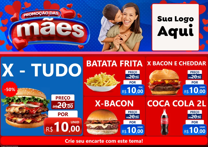 Modelo de Encarte para Encarte A4 Horizontal com o tema Promoção das Mães para Hamburgueria