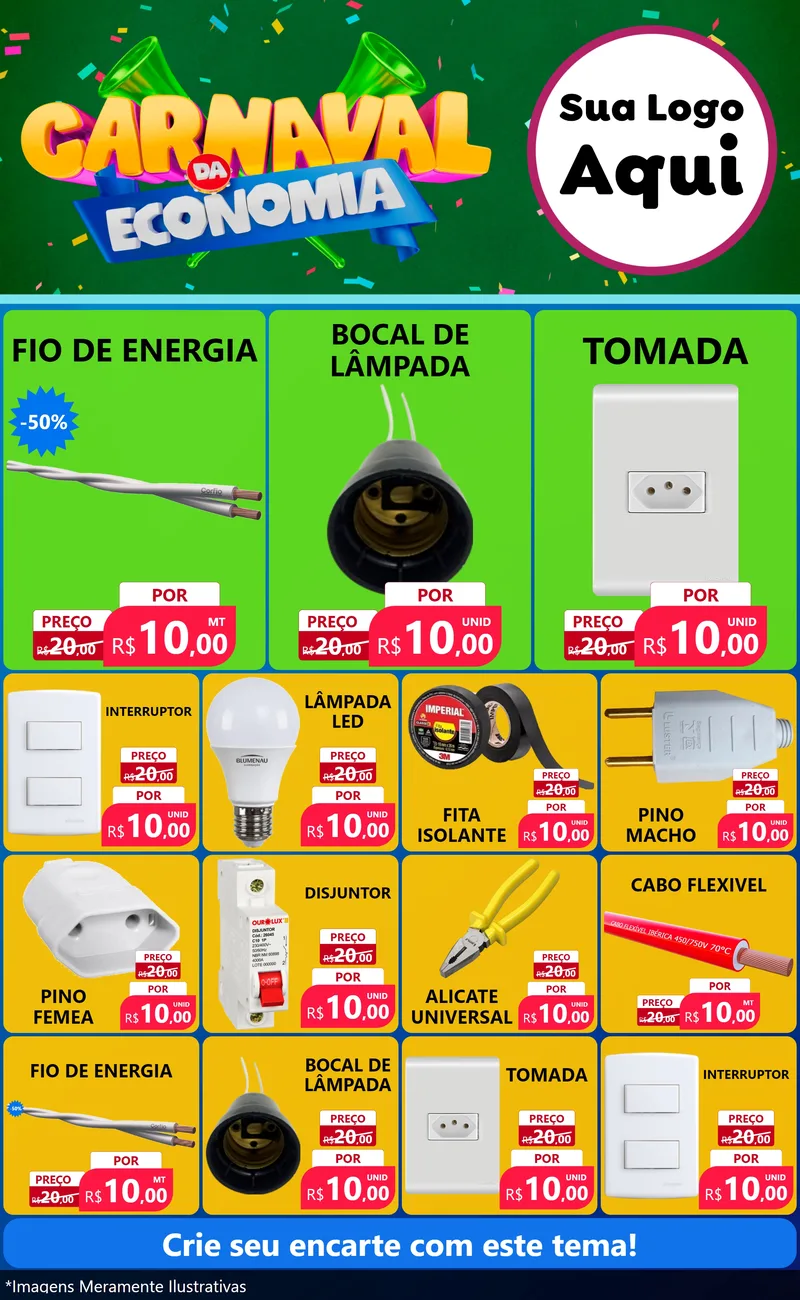 Modelo de Encarte para Encarte Grande com o tema Carnaval da Economia para Materiais Elétricos