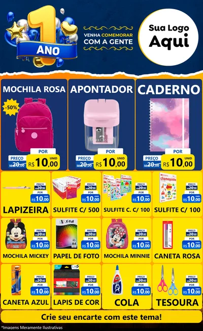 Modelo de Encarte para Encarte Grande com o tema Um Ano de Aniversário para Papelaria