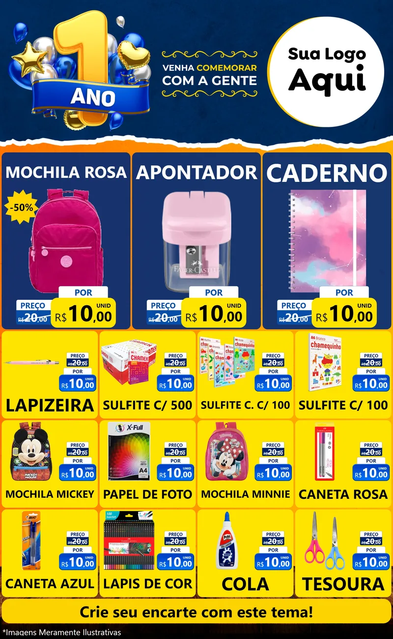 Modelo de Encarte para Encarte Grande com o tema Um Ano de Aniversário para Papelaria