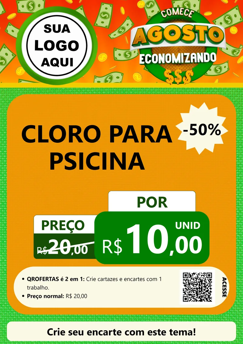 Modelo de Cartaz para Cartaz A4 Vertical com o tema Comece Agosto Economizando para Produtos para Piscina