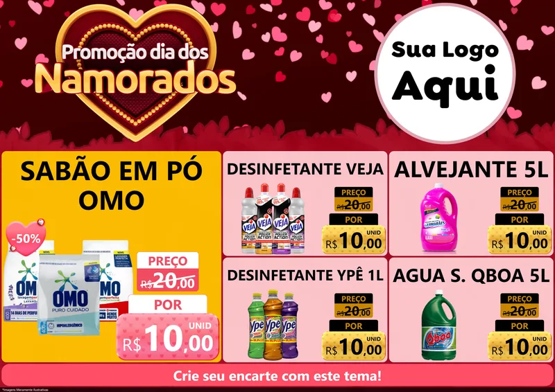 Modelo de Encarte para Encarte A4 Horizontal com o tema Promoção Dia Dos Namorados para Produtos de Limpeza
