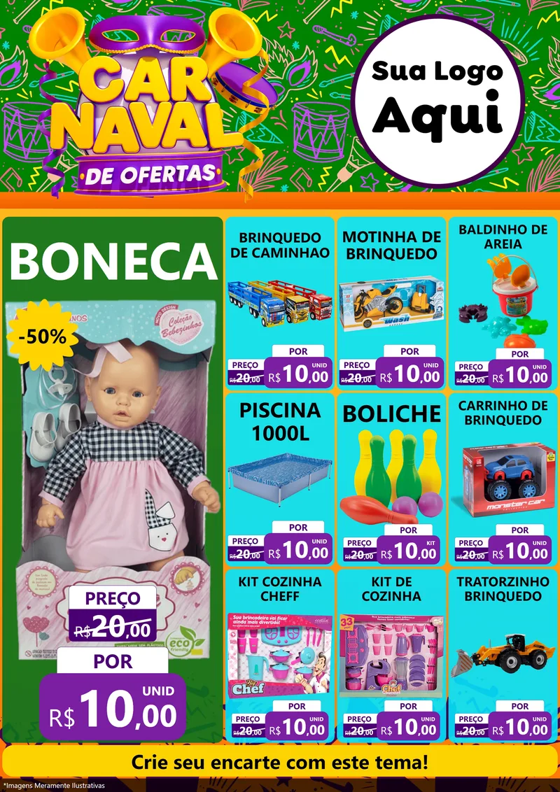 Modelo de Encarte para Encarte A4 Vertical com o tema Carnaval de Ofertas para Brinquedos