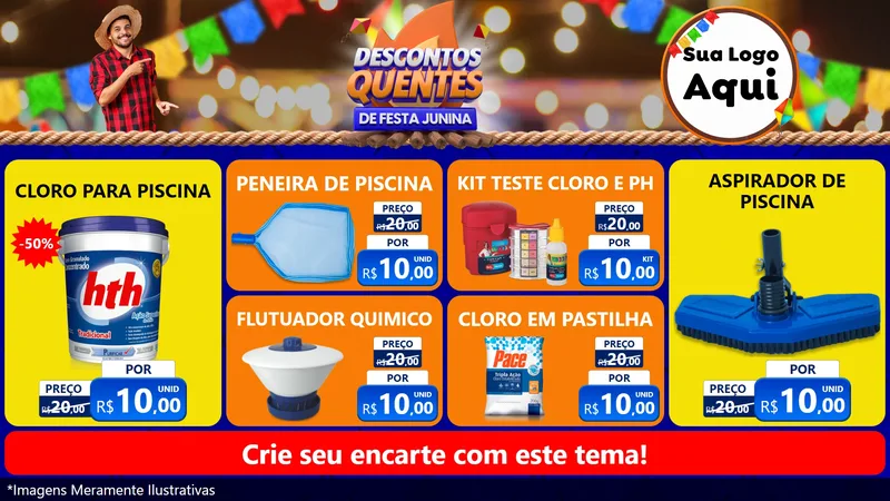 Modelo de TV para TV Horizontal com o tema Descontos Quentes de Festa Junina para Produtos para Piscina