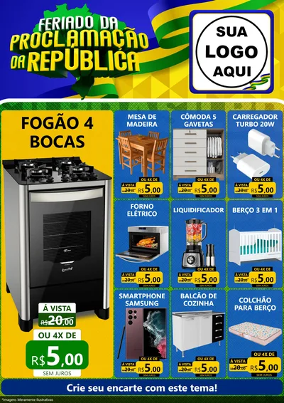 Modelo de Encarte para Encarte A4 Vertical com o tema Feriado da Proclamação da República para Móveis e Eletro