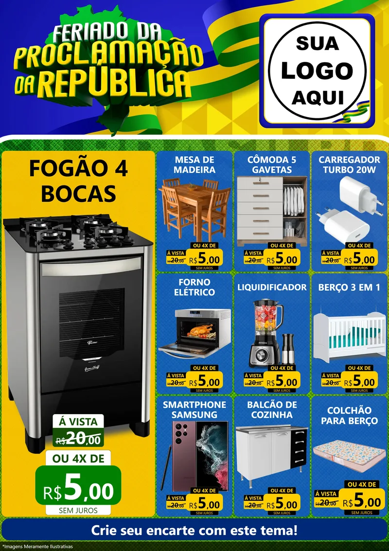 Modelo de Encarte para Encarte A4 Vertical com o tema Feriado da Proclamação da República para Móveis e Eletro
