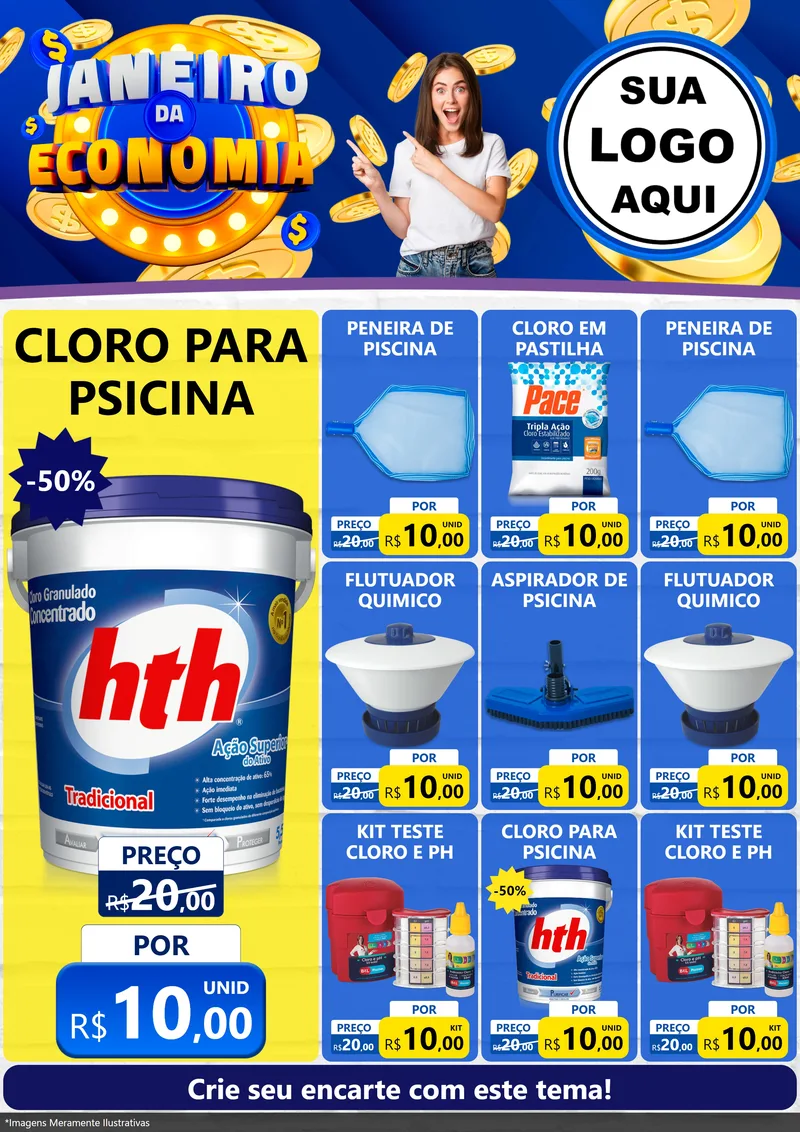 Modelo de Encarte para Encarte A4 Vertical com o tema Janeiro da Economia para Produtos para Piscina