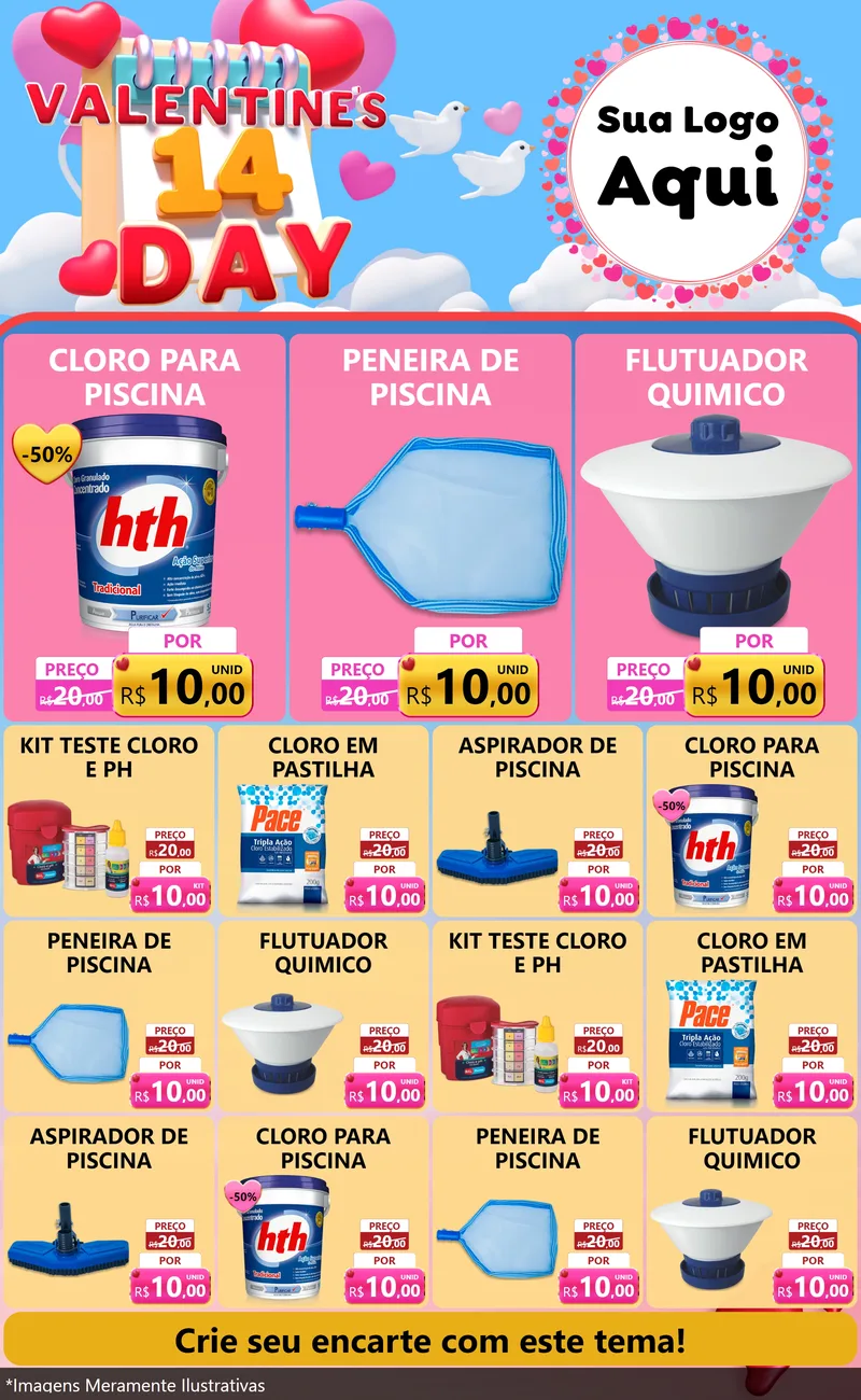 Modelo de Encarte para Encarte Grande com o tema Valentine's Day para Produtos para Piscina